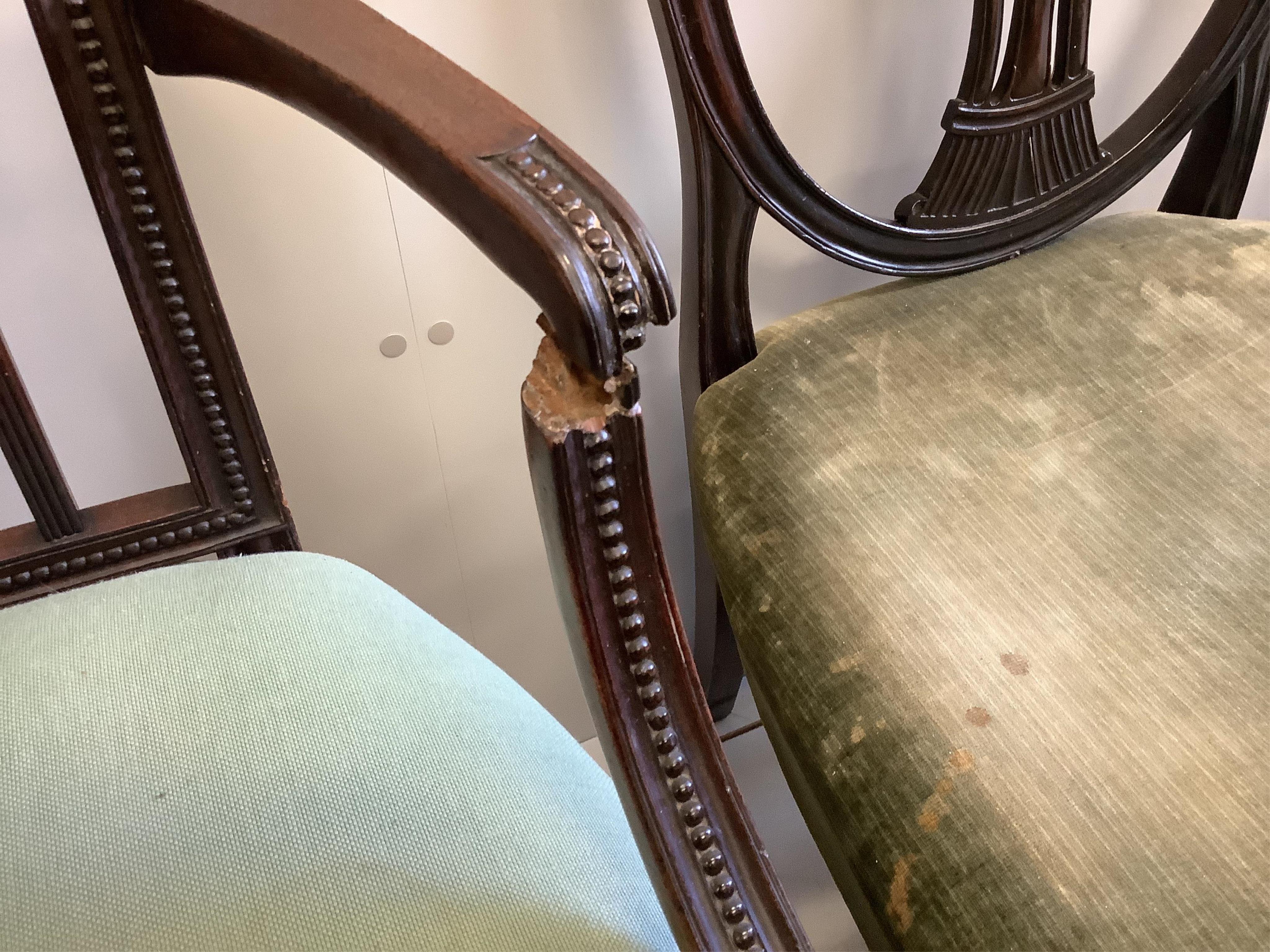 Two Hepplewhite period mahogany dining chairs, a 19th century Sheraton design elbow chair, a pair of side chairs and a further chair (6)